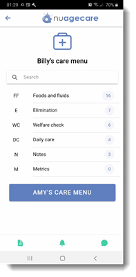 personalised care menu on the nuagecare app, click for more detail